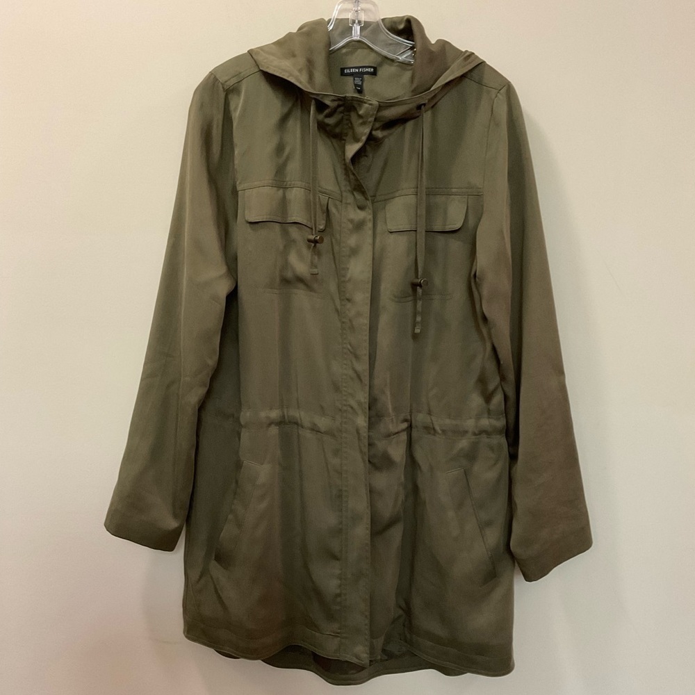 EILEEN FISHER Army Green Drawstring Waist Hooded Jacket Fully Lined  Siz…